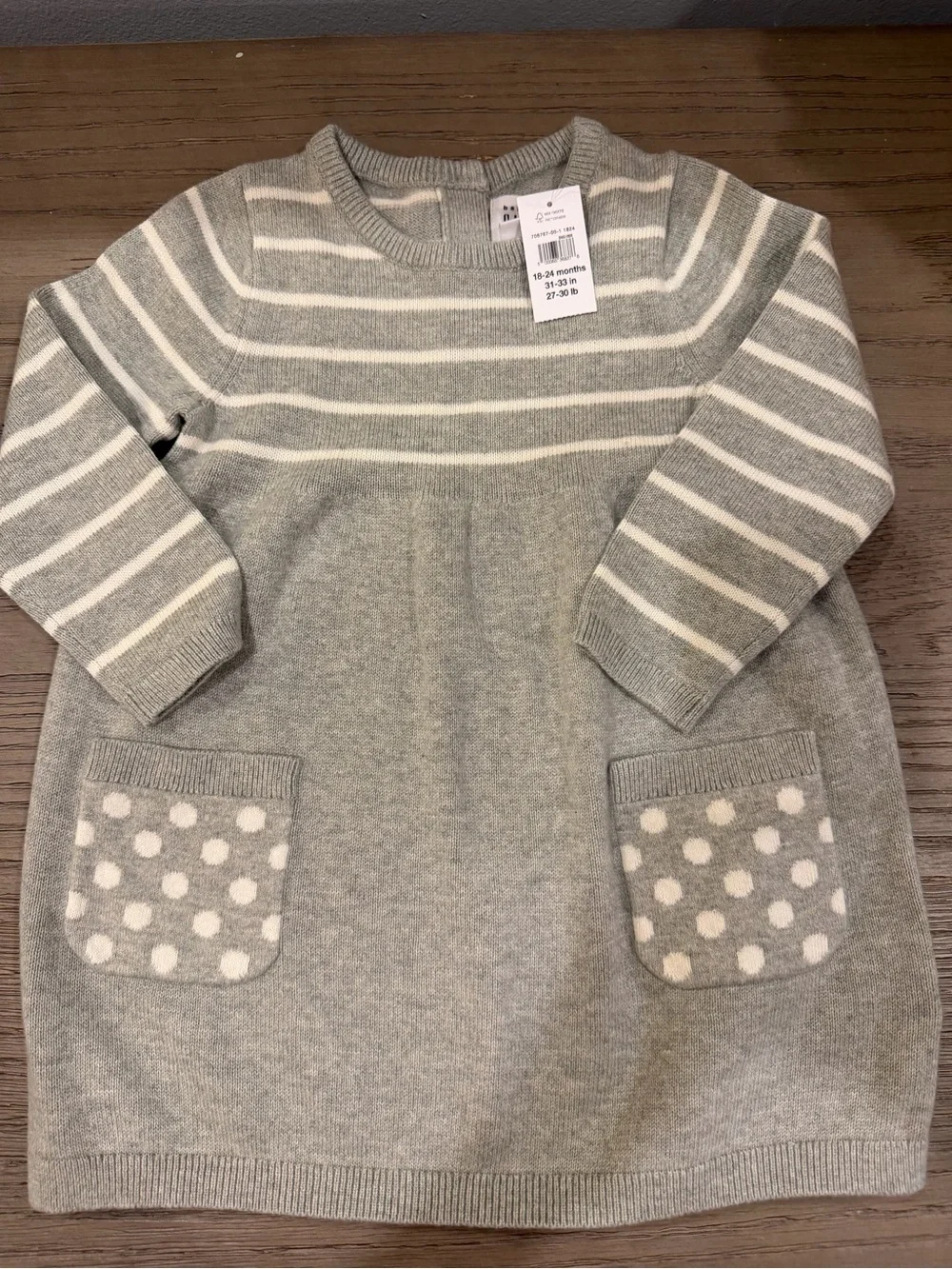 GAP Girls' Gray & White Striped Knit Dress with Polka Dot Pockets